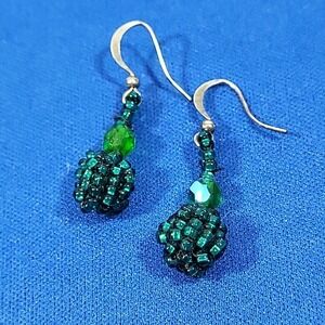 Vintage Beaded Earrings Green Shimmer Bauble Cluster Drop Deco Dangle Hooks